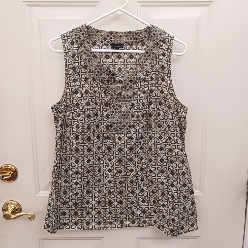 Talbots Womens Olive Green Medallion Print Cotton Sleeveless Split Neck Top M